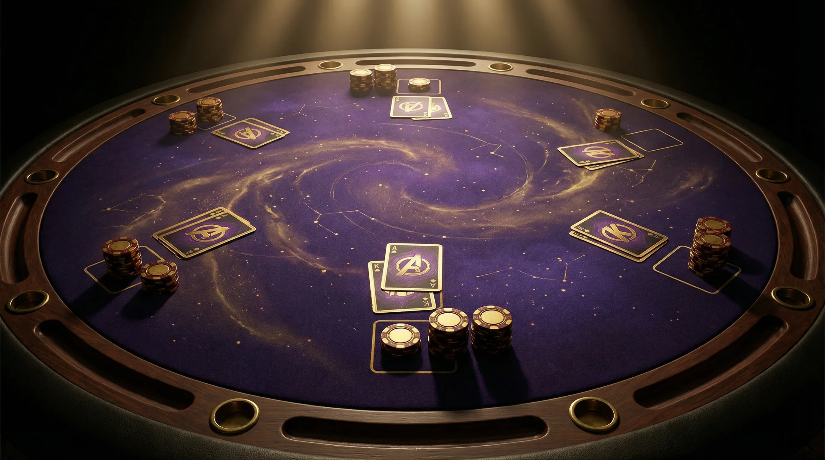 Mesa de blackjack elegante com cartas e fichas douradas