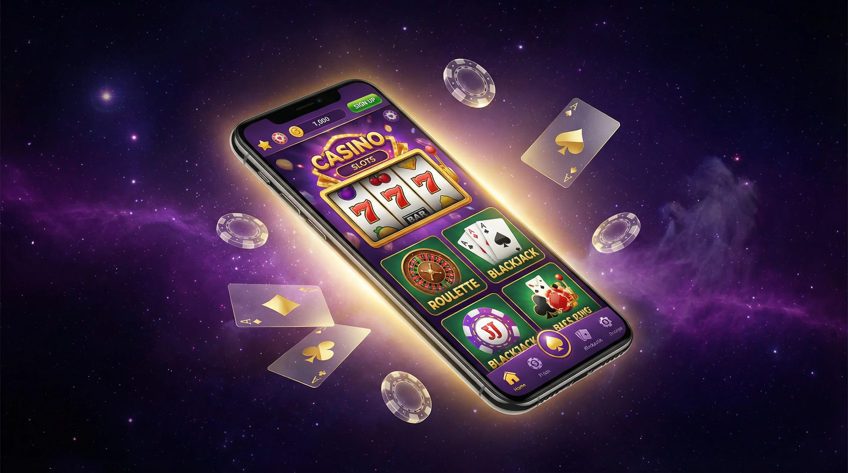 Smartphone exibindo jogos de cassino com cartas e fichas flutuando